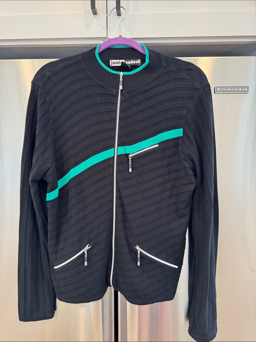 jamie sadock Black Zip-Up Sweater Jacket with Teal Stripe
